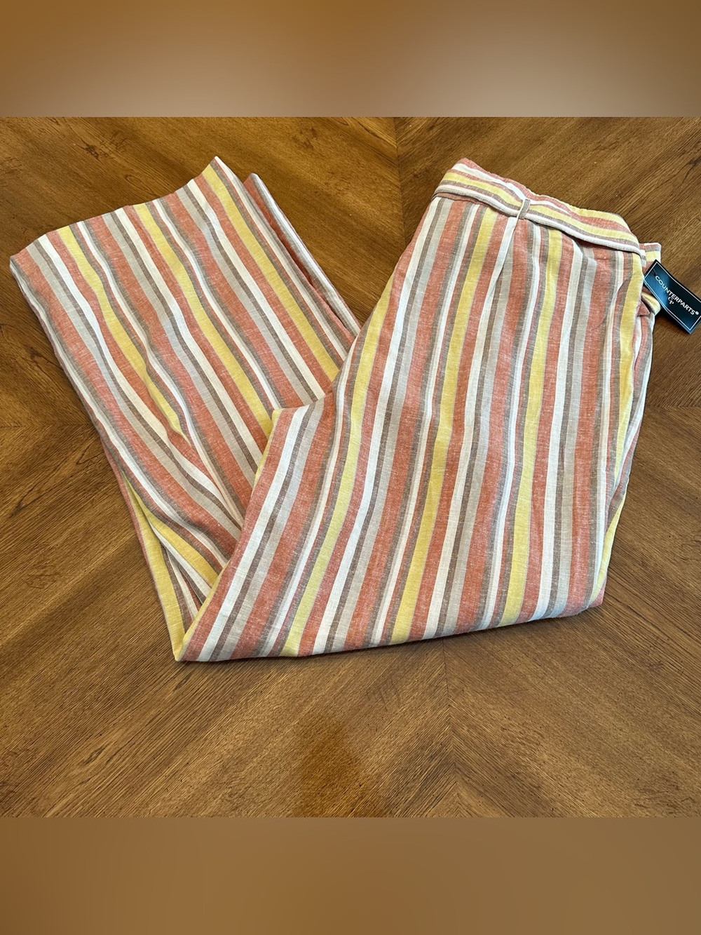 Striped Linen Wide Leg Pants, Size 18, Counterparts, Coral, Yellow & White, New